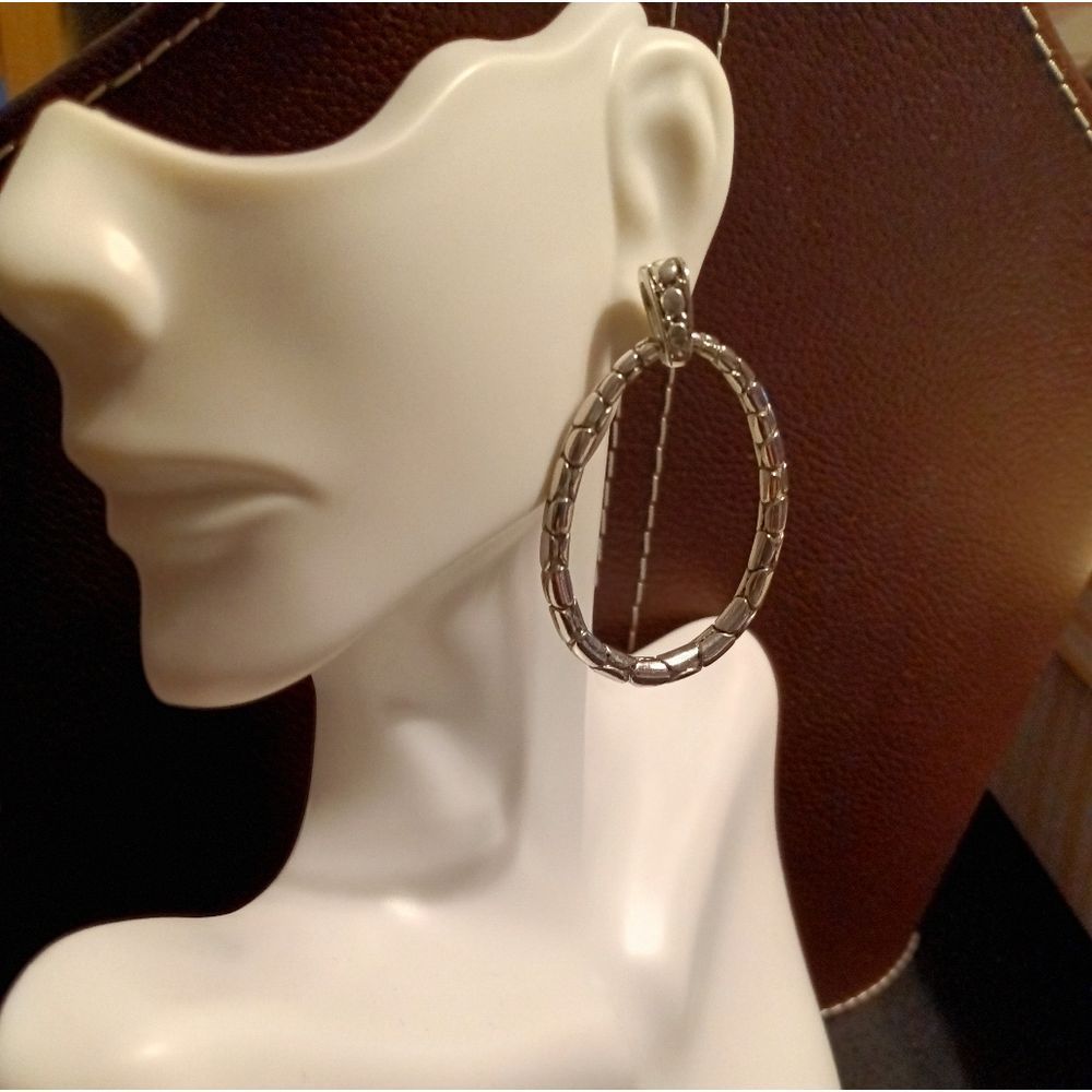 Silver Etched Oval Hoop Earrings